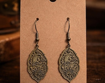 Celestial Moon Sun Dangle Earrings | Antique Brass Boho Witchy Jewelry
