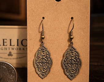 Antique Brass Compass Moon Dangle Earrings | Witchy Pagan Jewelry, Gift for Her