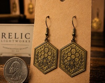 Antiqued Brass Bee Honeycomb Hexagon Earrings | Woodland Botanical Dangle Jewelry