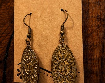 Mystical Lunar Solar Earrings | Boho Witchy Jewelry | Antique Bronze Dangle Earrings