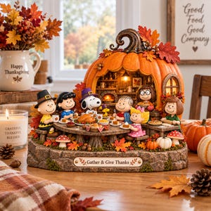 May include: A decorative Peanuts Thanksgiving scene featuring characters gathered around a table inside a large orange pumpkin structure. The base is inscribed with the text Gather & Give Thanks, surrounded by autumn leaves, mushrooms, and miniature food items.
