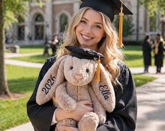 Personalized Graduation Bunny Plush, College Graduation Gift, University Graduation Plush, Cute Bunny with Cap Diploma Keepsake for Her