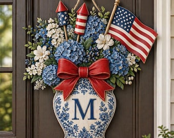 Personalized Patriotic Blue Hydrangea Wooden Door Hanger: Custom Monogram Chinoiserie Independence Day Gift