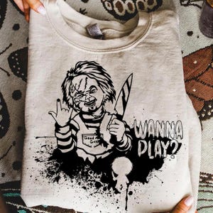 Comfort Colors® Halloween Chucky Sweatshirt, Horror T-shirt, Horror Movie Tee, Chucky Wanna Play, Halloween Party Gift, Spooky Season Shirt