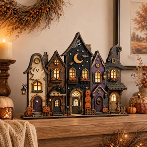 May include: A multi-story Halloween village display featuring five connected structures with illuminated windows. The scene includes a white ghost, a black cat, a crescent moon, bats, and orange pumpkins. The buildings are painted in shades of cream, brown, dark blue, and purple with intricate architectural details.