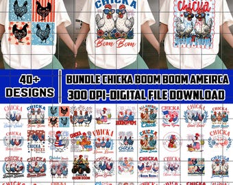 40+ File Chicka Boom Boom PNG Bundle, Funny Patriotic Chicken png, 4th of July Humor Retro Farm Vibes Red White and Blue png, Digital File