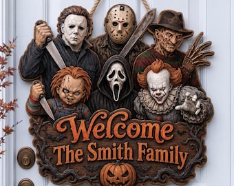 Personalized Horror Squad Welcome Sign, Custom Slasher Friends Door Hanger, Scary Movie Characters Decor, 3D Wood Halloween Family Sign