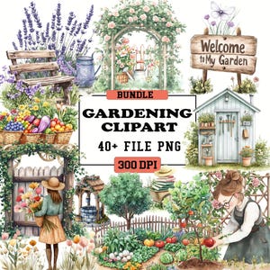 Ogrodnictwo Clipart, akwarela ogrodnictwo PNG Bundle, Vintage narzędzie ogrodnicze Ogrodowe łóżka i doniczki Clipart, dom ogród clipart, ogród png
