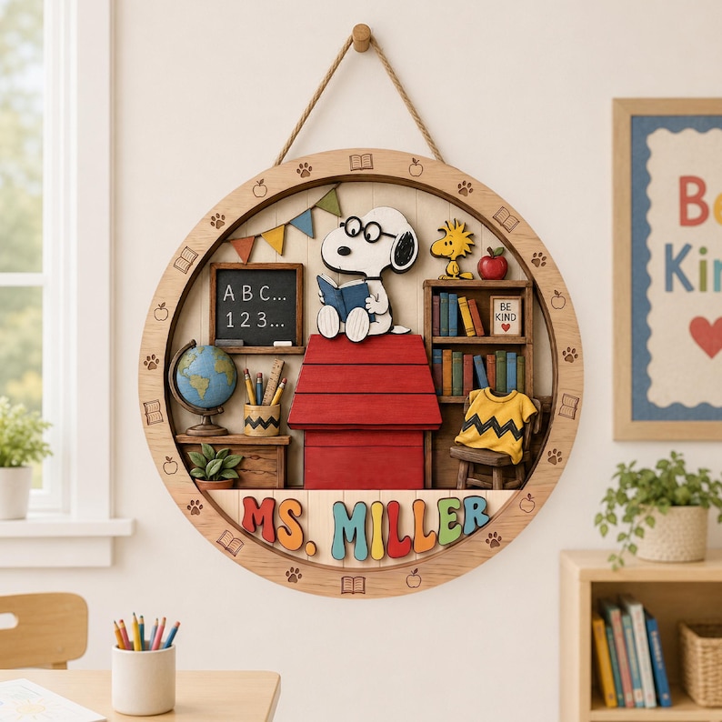 May include: A circular wooden wall hanging featuring a 3D scene of Snoopy reading on a red doghouse. The frame is decorated with engraved books, apples, and paw prints. The name MS. MILLER is displayed in colorful 3D letters at the bottom.