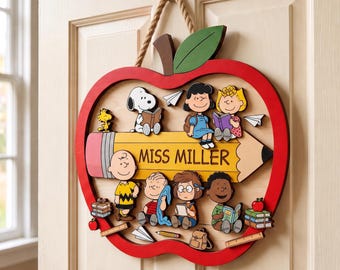 Personalized Wooden Teacher Door Sign, Apple Classroom Door Hanger, Cute Dog Teacher Gift, Back To School Teacher Gift Decor