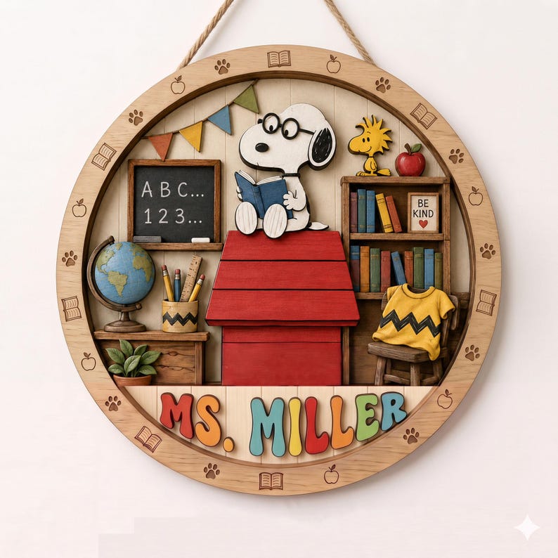 May include: A circular wooden wall hanging featuring a 3D Snoopy character reading a book atop a red doghouse. The scene includes a chalkboard with ABC 123 text, a globe, a bookshelf, a yellow shirt, and the colorful name text MS. MILLER.