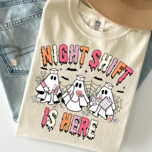 Comfort Colors® Night Shift Is Here Spooky Nurse Halloween shirt, Retro Spooky Nurse T-shirt, Nursing School Tee, Night Shift Crew shirt