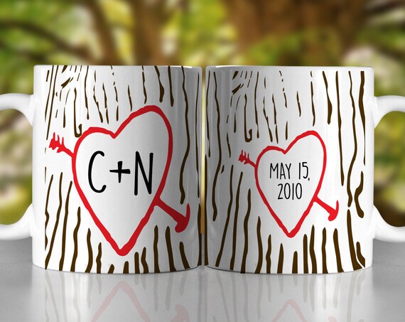 Initials Carved in Tree, Anniversary, Wrap around mug, Customized!