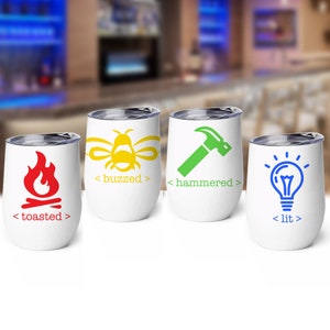 Set of Stainless Steel Wine Tumblers with Lid, 4 Funny Drunk Icons