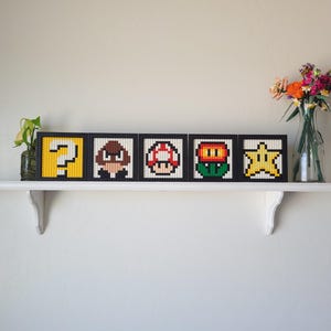 Super Mario Brick Mosaic Art, LEGO Compatible Pixel Art, Game Room Decor | Goomba, Fire Flower, Super Mushroom, Super Star, Mystery Block