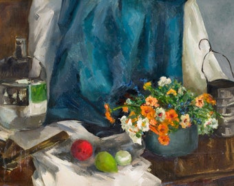 Vintage art - "Still life with Water Bottle and Flowers" - Giclée reproduction, oil painting, Alabama artist, Miriam McClung, flowers