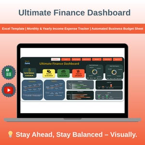 May include: A laptop displays a financial dashboard with the title "Ultimate Finance Dashboard." The screen shows charts and data visualizations for income, expenses, and balance. The design is modern, with a dark background and colorful accents. The text "Stay Ahead, Stay Balanced - Visually" is at the bottom.