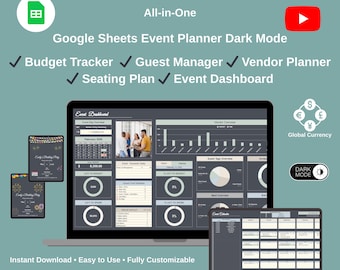 Foglio di calcolo per la pianificazione di eventi, organizzazione di feste, Fogli Google, monitoraggio del budget, organizzatore per matrimoni, modello per baby shower, modalità scura