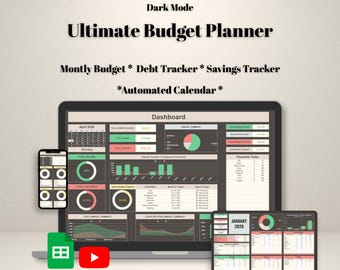 Google Spreadsheets-budgetplanner donkere modus | Volledig geautomatiseerde financiële tracker | Schulden- en spaartracker | Spreadsheet maandbudget | 21 tabbladen