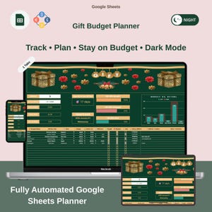 Pianificatore del budget per i regali di Natale su Google Sheets, foglio di calcolo digitale in modalità scura