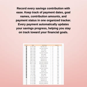Long contribution ledger and transaction rows, expense and savings tracker, digital savings planner