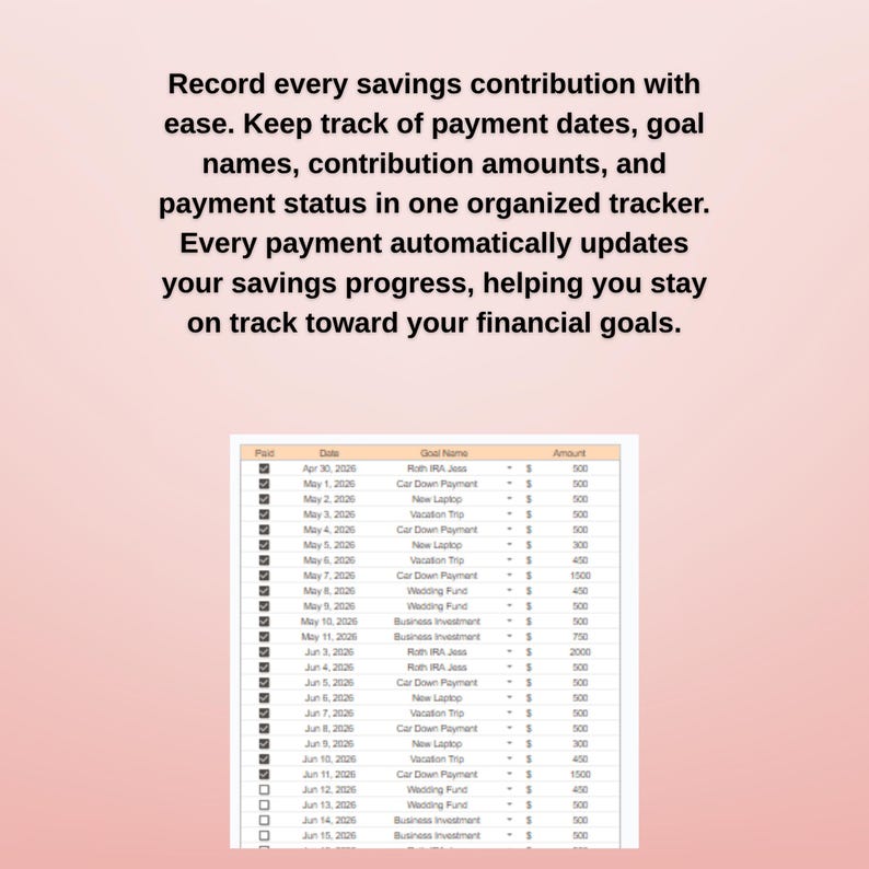 Long contribution ledger and transaction rows, expense and savings tracker, digital savings planner