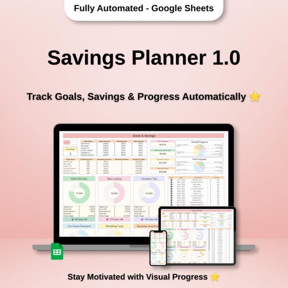 Google Sheets Savings Tracker, Automated Savings Planner, Finance Spreadsheet