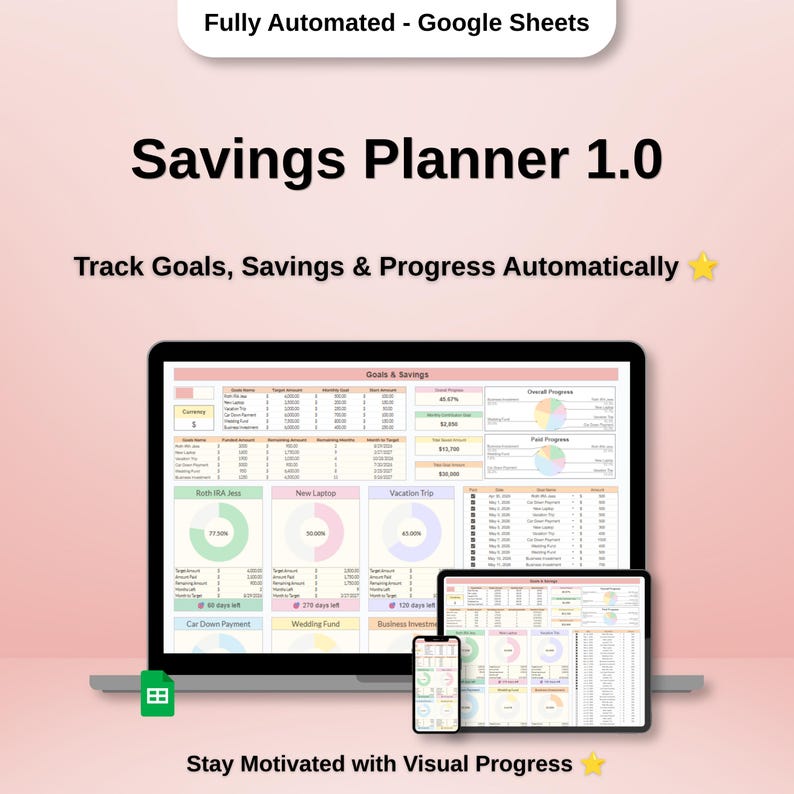 Soft pink mockup showing laptop, tablet, and phone dashboards, google sheets savings tracker