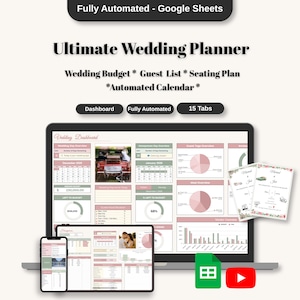 Puede incluir: Un planificador de bodas digital que se muestra en una computadora portátil, tableta y teléfono inteligente. El planificador incluye secciones para el presupuesto de la boda, la lista de invitados y el plano de asientos. El texto "Ultimate Wedding Planner" está en la parte superior.