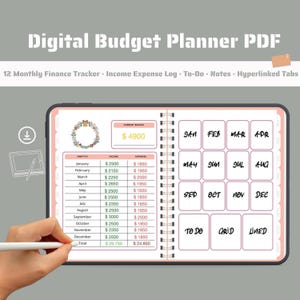 May include: Digital budget planner PDF displayed on a tablet. The planner features a monthly finance tracker, income and expense log, to-do list, notes, and hyperlinked tabs. The design includes a floral wreath and a pink and white color scheme.