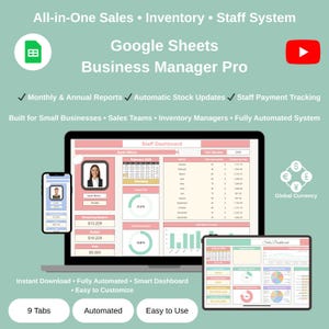 Puede incluir: Una interfaz digital de Business Manager Pro que se muestra en una computadora portátil, tableta y teléfono inteligente. La interfaz incluye gráficos y datos financieros. El texto incluye "All-in-One Sales", "Inventory" y "Staff System".