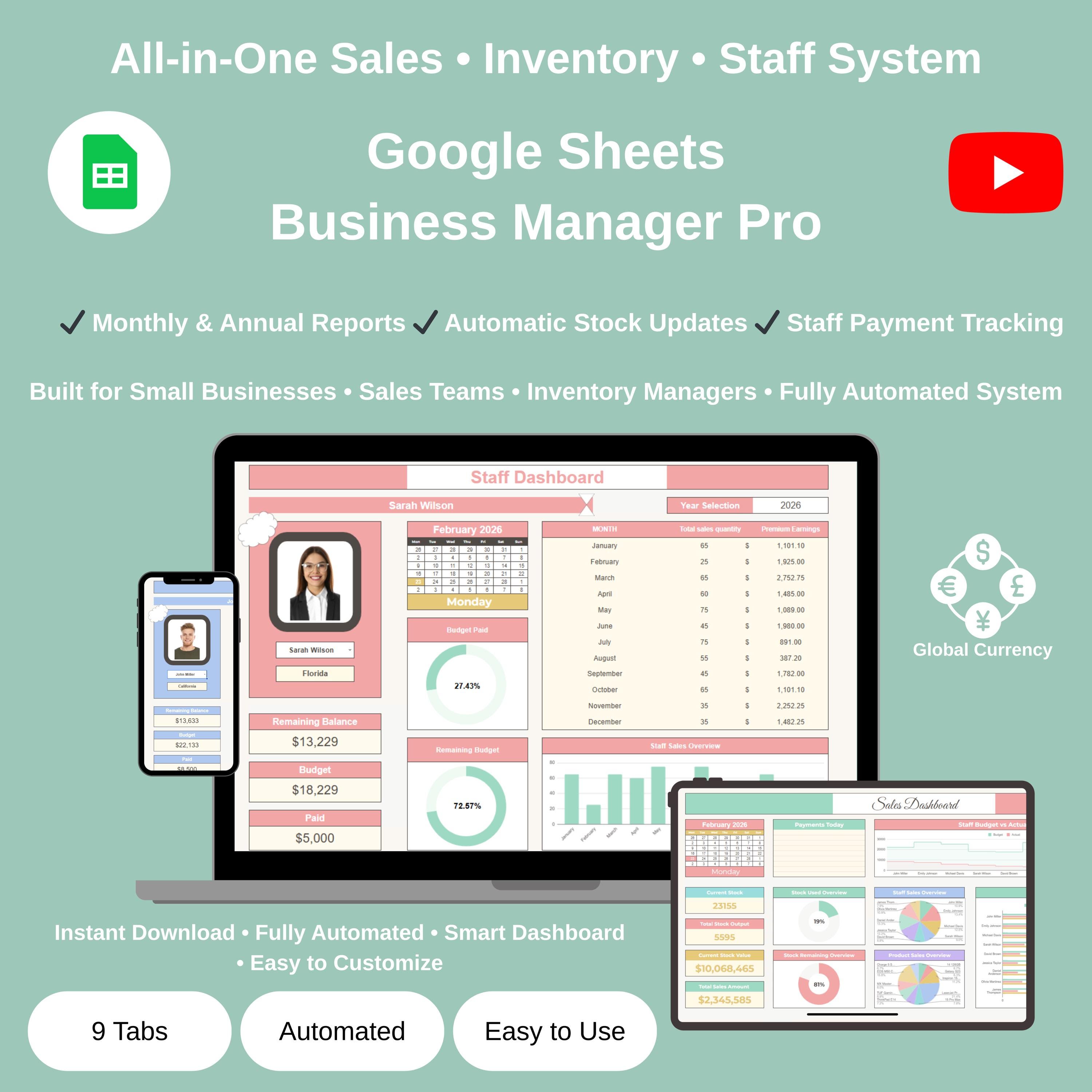 Sales Team Tracker Google Sheets, Staff Performance & Commission Tracker, Sales Dashboard, Business Dashboard, Sales Analytics Spreadsheet