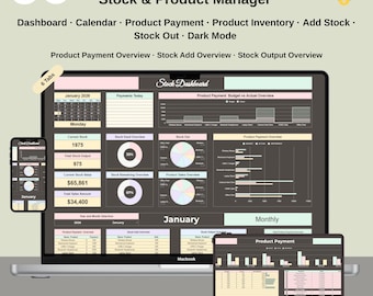 Google Spreadsheets-voorraadtracker | Spreadsheet voorraadbeheer | Voorraaddashboard Kalender | Productinventarissjabloon (donkere modus)