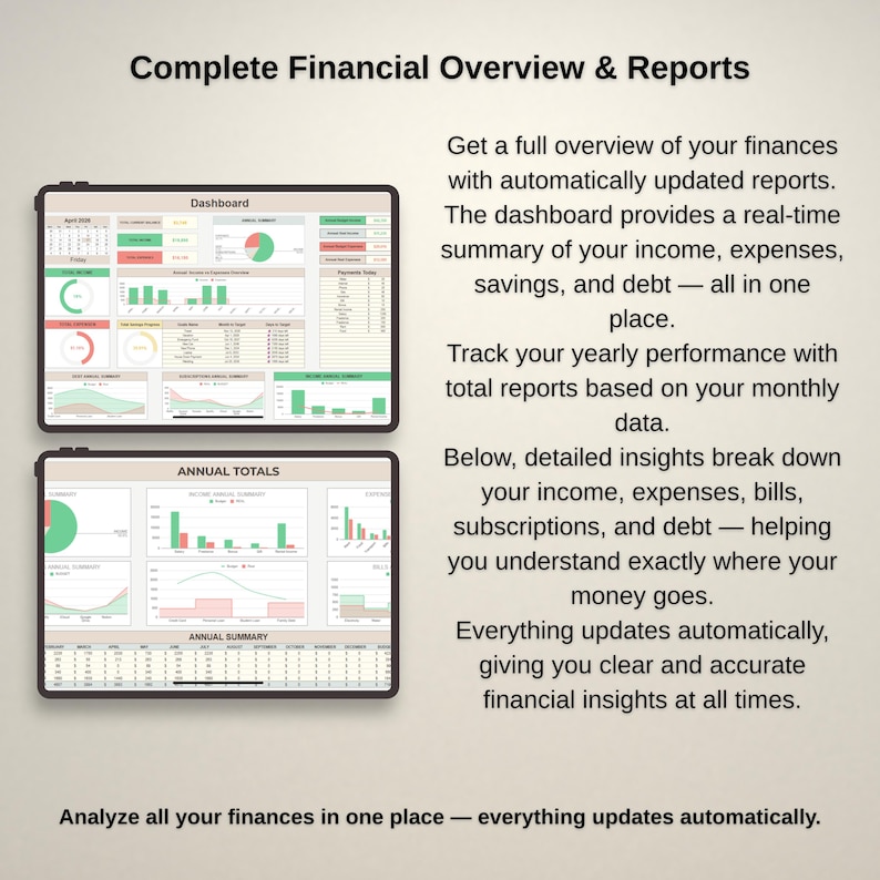 Yearly overview and financial reports, multi month charts and family budget planner examples, finance dashboard template