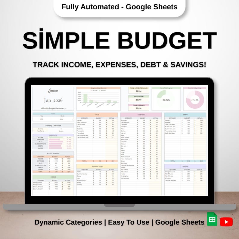 Laptop displaying a clean, minimal google sheets budget template dashboard, pastel category colors
