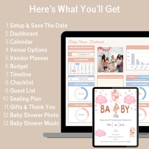 Pastel Baby Shower Planner in Google Sheets with 13 tabs: budget, guest list, seating plan, vendor & gift trackers.