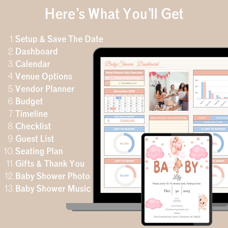 Pastel Baby Shower Planner in Google Sheets with 13 tabs: budget, guest list, seating plan, vendor & gift trackers.