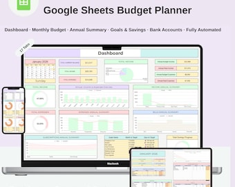 Eenvoudige budgetplanner Google Spreadsheets | Maand- en jaartracker | Automatische grafieken Besparingsdoelen