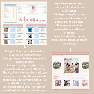 Pastel Baby Shower Planner in Google Sheets with 13 tabs: budget, guest list, seating plan, vendor & gift trackers.