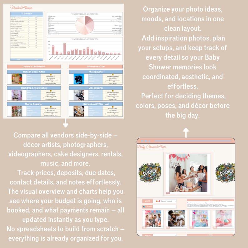 Pastel Baby Shower Planner in Google Sheets with 13 tabs: budget, guest list, seating plan, vendor & gift trackers.