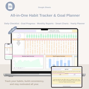 Könnte beinhalten: Ein digitaler Habit Tracker und Goal Planner, der auf einem Laptop, Smartphone und Tablet angezeigt wird. Die Oberfläche zeigt Diagramme, Checklisten und Monatsberichte. Der Text lautet "All-in-One Habit Tracker & Goal Planner."