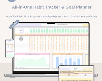 Gewoontetracker voor Google Spreadsheets | Spreadsheet met doelplanner voor 12 maanden | Dagelijkse checklist en doelvoortgangtracker