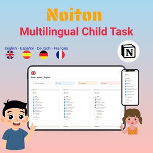 Könnte beinhalten: Digitale Illustration, die eine mehrsprachige Kindertask-App bewirbt. Das Bild zeigt ein Tablet und ein Smartphone, die die App-Oberfläche anzeigen, mit Zeichentrickkindern, die auf die Bildschirme zeigen. Der Name der App ist "Noiton" und der Text "Multilingual Child Task".