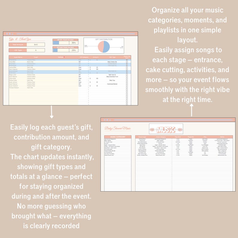 Pastel Baby Shower Planner in Google Sheets with 13 tabs: budget, guest list, seating plan, vendor & gift trackers.