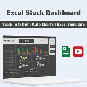 Puede incluir: Una pantalla de portátil que muestra un panel de control de existencias de Excel con gráficos y datos. La pantalla muestra el texto "Excel Stock Dashboard" y "Track In & Out | Auto Charts | Excel Template". El panel incluye gráficos de barras, gráficos circulares y tablas de datos.