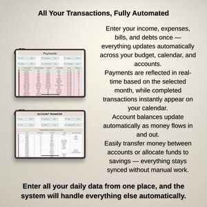 Transaction register, calendar and color coded expense tables, bill tracker google sheets and cash flow logs