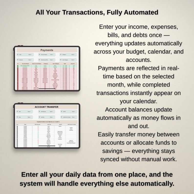 Transaction register, calendar and color coded expense tables, bill tracker google sheets and cash flow logs