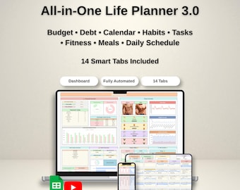 Levensplanner Google Spreadsheets Alles-in-één digitale budgetplanner Gewoontetracker Maaltijdplanner Fitnesstracker Dagelijks schema Taakplanner