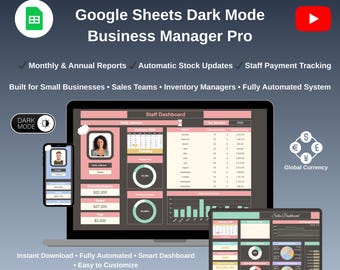 Google Spreadsheets-verkoopteamdashboard Personeel Prestatietracker Commissie en voorraadbeheer Verkoopsysteem kleine bedrijven Donkere modus