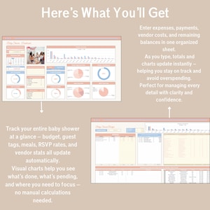 Pastel Baby Shower Planner in Google Sheets with 13 tabs: budget, guest list, seating plan, vendor & gift trackers.